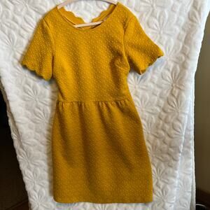 Betsey’s boutique shop yellow 3D print dress scalloped hem lace back slit size M